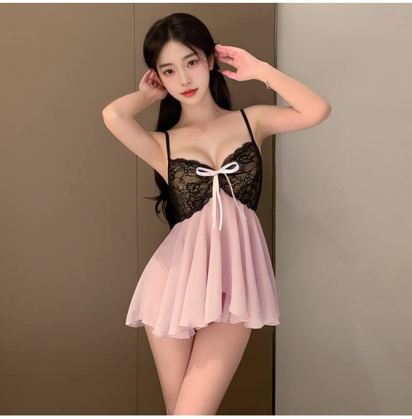 FEE ET MOI - Black Lace Peachy Pure Desire Nightdress (Pink - Black) FEE ET MOI - Black Lace Peachy Pure Desire Nightdress (Pink - Black)